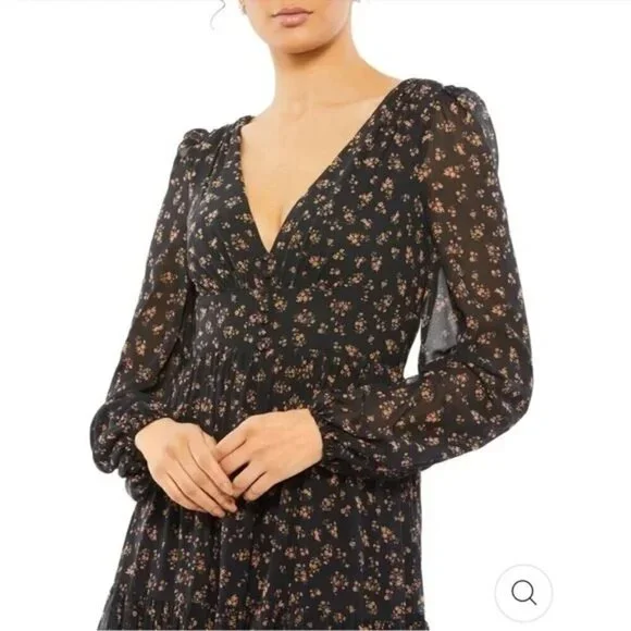 Mac Duggal 55431 Floral Tiered Long Sleeve Maxi Gown Dress Black Size 8 NEW $398